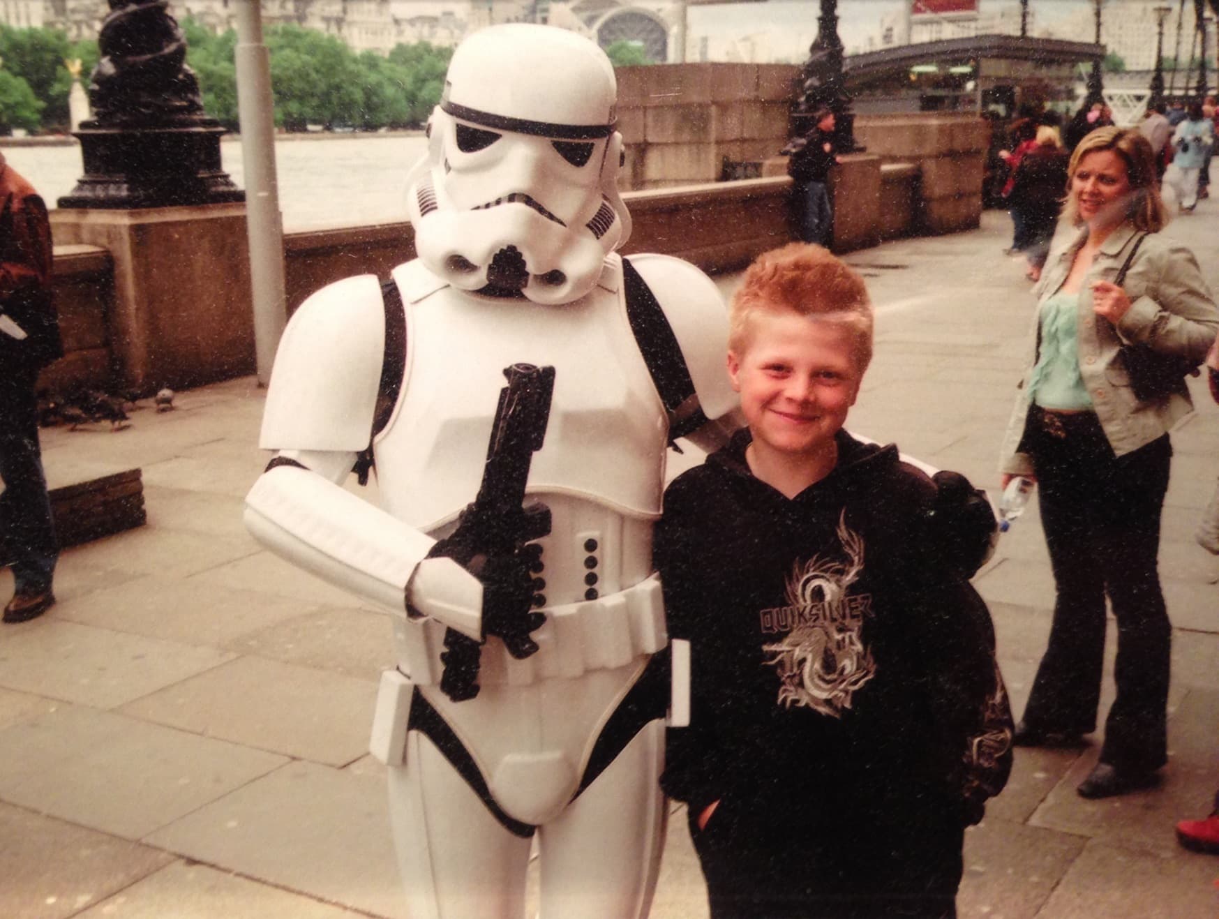 Max with a stormtrooper in London, England